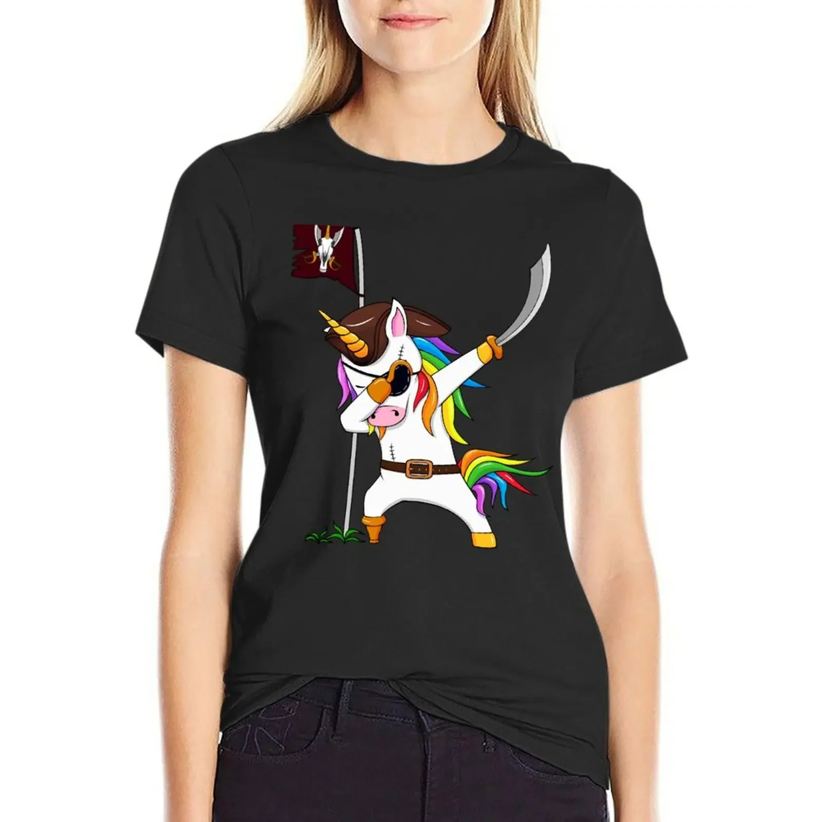 

Funny Eye Patch Pirate Dabbing Unicorn Holding A Sword T-Shirt tees Aesthetic clothing tops workout t shirts for Women