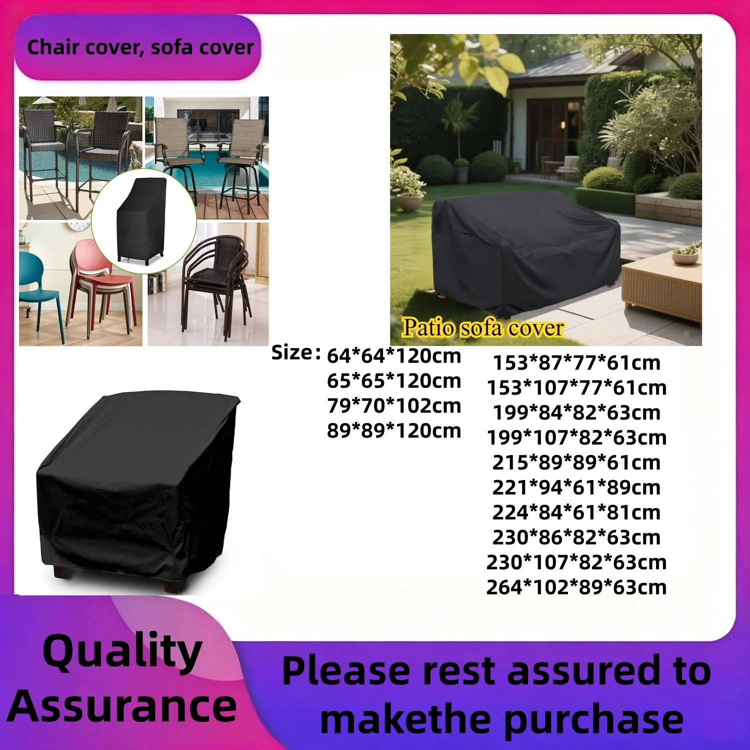 Black Outdoor Stacking Chair Cover, 210D Oxford Fabric, for High Back Lounge Chairs, 25x25x47 Inches
