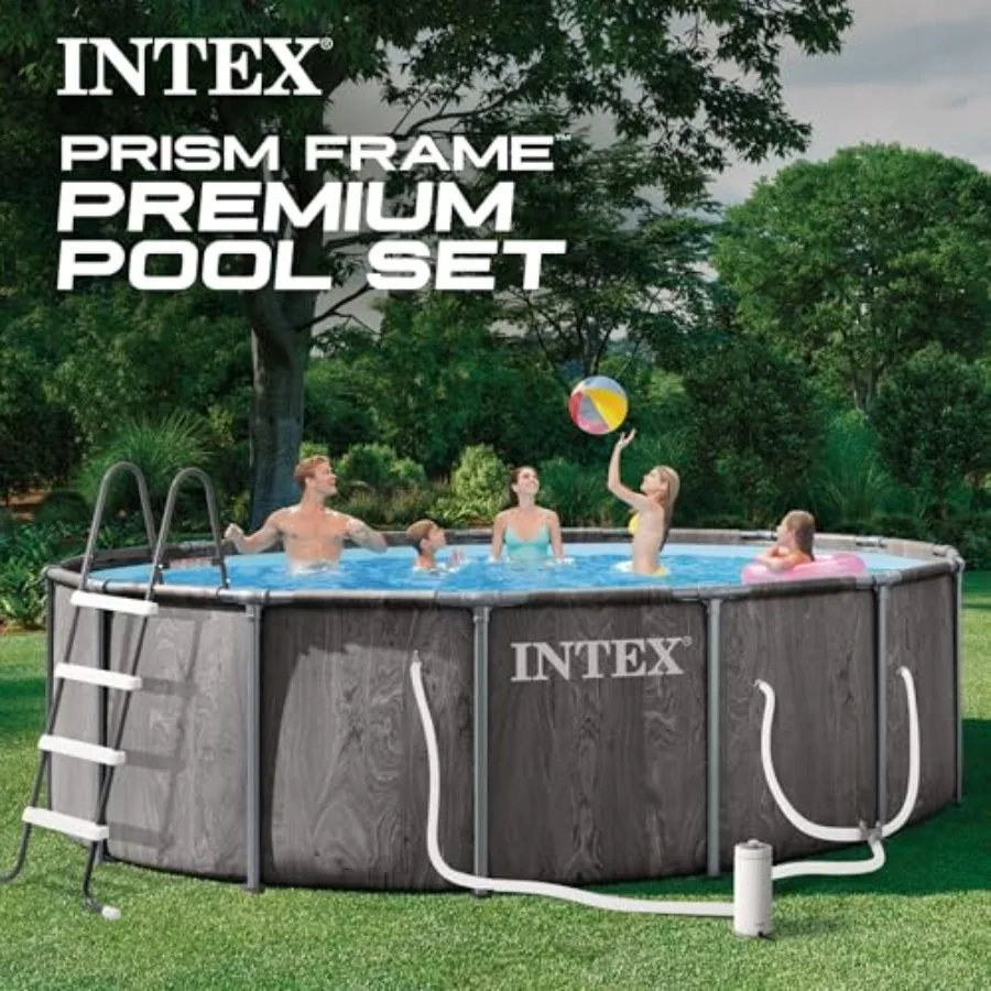 Above ground swimming pool set with prism frame, steel material, gray color, easy assembly and includes filter pump, ladder, co