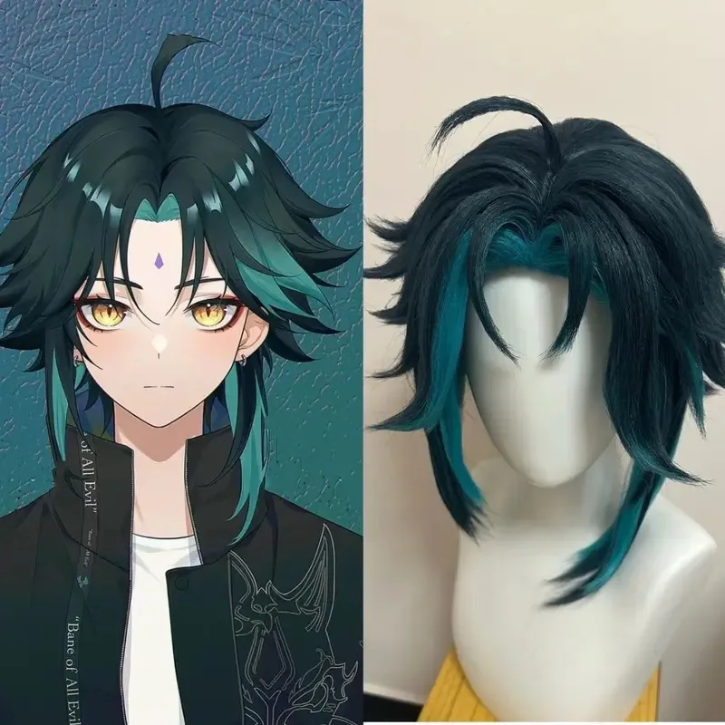 

NewStyled Xiao Genshin Impact Dark Green Short Cosplay High Temperature Silk Rose Inner Mesh Wig Halloween1;s'6,y;9'b,5;