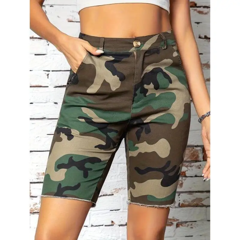 

Women's Camouflage Print Button ket ort Cross-Border New Sle Vintage Ciwalk Nine-Piece Pants Large Size Elastic