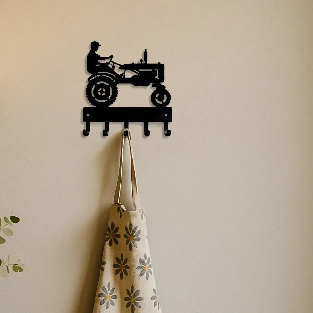 1 szt. Wieszak na klucze w kształcie ciągnika rolniczego i rolnika - 15 cm szeroki, czarny metalowy organizer do montażu na ścianie, dekoracja domu w stylu wiejskim