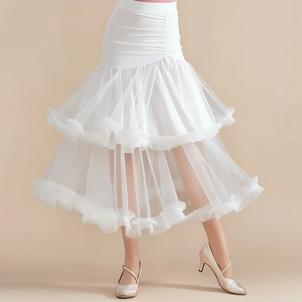 Waltz Modern Ballroom Dance Skirt Women Ruched Slim Tiered Mesh Tulle Ruffle Swing White Black Elegant Social Practice Dancewear