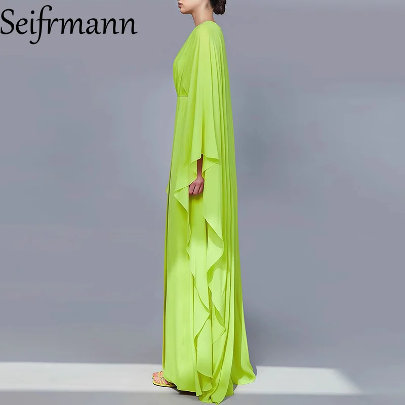 Seifrmann Modedesign Damenkleid, tiefer V-Ausschnitt, fliegende Ärmel, Schnürung, schmal, einfarbig, elegante Party-Abschlussballkleider