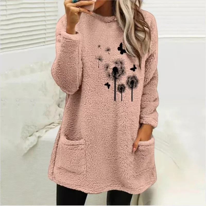 Fashion Printed Fleece Sweatshirt Casual Long Sleeve Sweater Tops Tuni for Fall Winter Trendy Women\'s Clothing