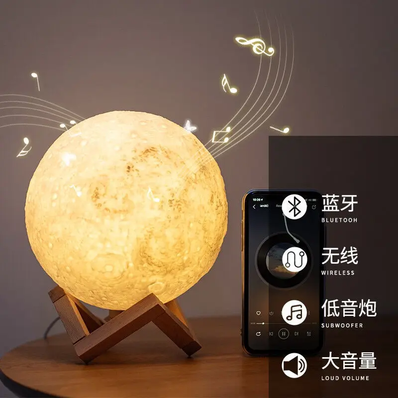 15cm 3D Printing Moon Lamp Creative Colorful Dimmable Light with Bluetooth Speaker USB Charging Bedside Atmosphere Lamp
