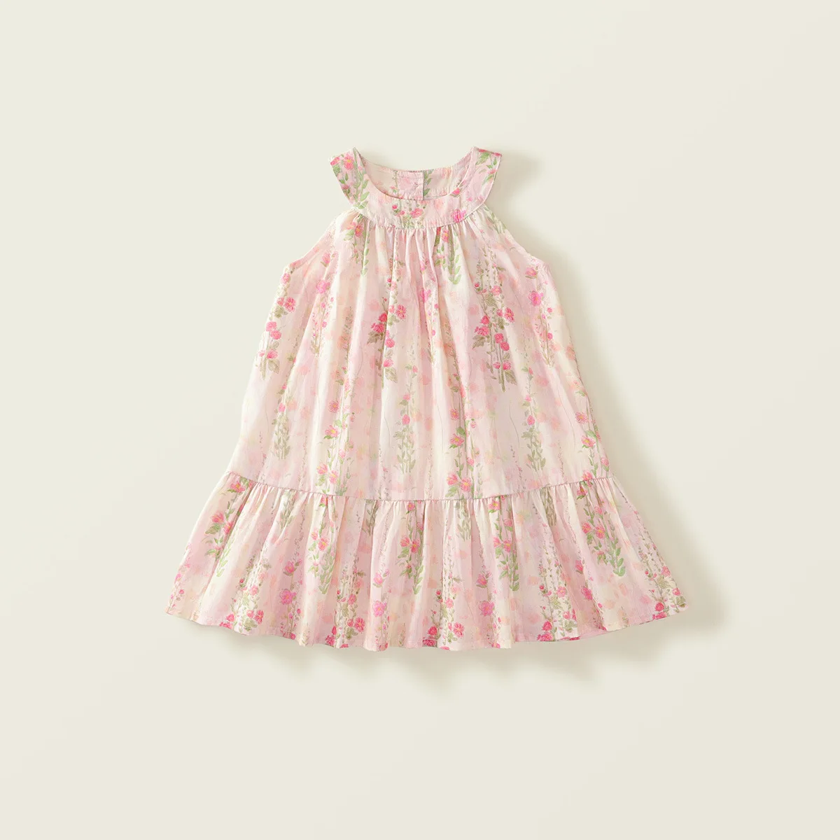 Children's Countryside Style Floral Cotton Dress 2026 Summer Dress for Girls Pink Sweet Hanging Neck Sleeveless Vest Dress