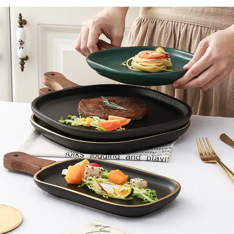 

Ceramic Flat Plate with Handle Breakfast Steak Cake Tableware Western