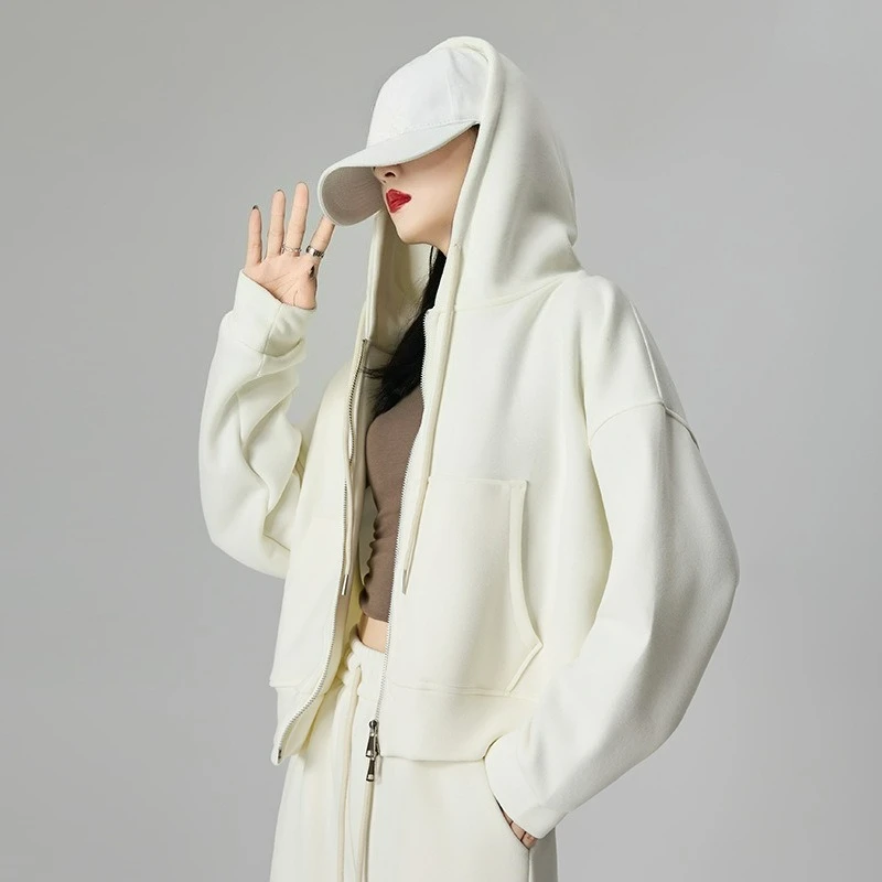 2025 Autumn and Winter Versatile Top Pink Loose Slimming Zipper Hooded Sweatshirt for Women