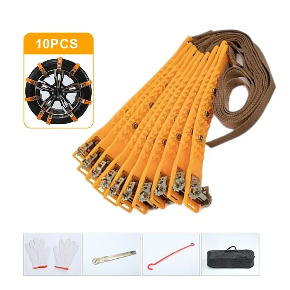 10Pcs Universal Car Wheels Tyre Tire Snow Chains Anti-skid Wheel Chains Belts for 165-275 Wheel with Gloves & Storage Bag