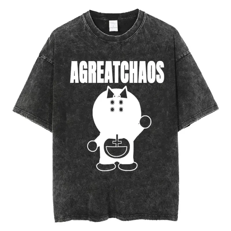 

Cute Cartoon Pattern Washed Pure Cotton Crew O-Neck Short Sleeve Tees Men Women Fashion Casual Comfortable Vintage Loose T-Shirt