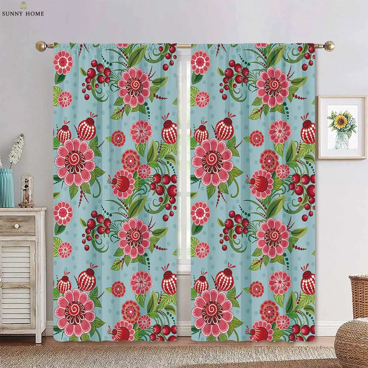 

2 Pieces Watercolor Floral Print Curtains Black Silk Blackout Insulation Curtains Bedroom Study Living Room Curtains