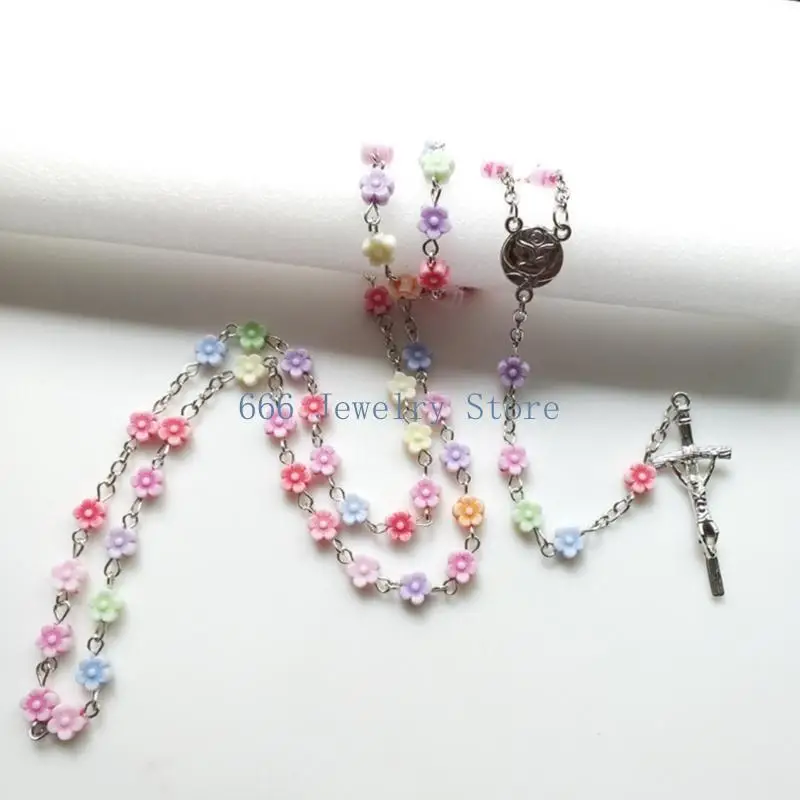 F2TD Flower Crystal Beads Rosary Catholic Necklace Crucifix Necklace Rosary Necklace Pendant Necklaces