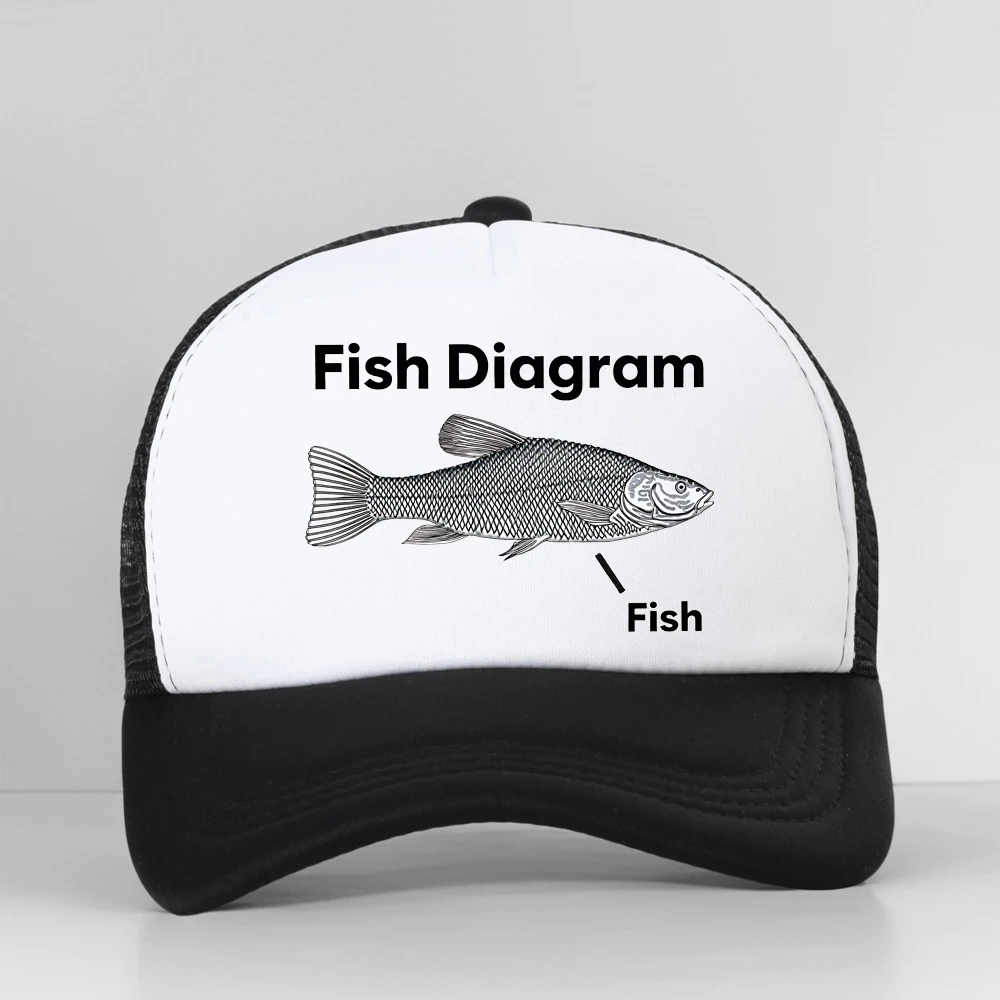 

Funny Fish Diagram Meme Graphic Baseball Cap Unisex Retro High Quality Fashion Outdoor Mesh Breathable Fishing Hat