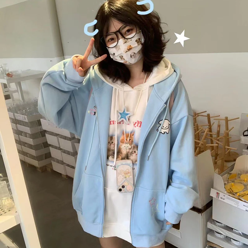 Harajuku Pink Kawaii Women Hoodies Sweet Cartoon Loose Zipper Female Sweatshirts Japanese Style New Ladies Hooded Jacket