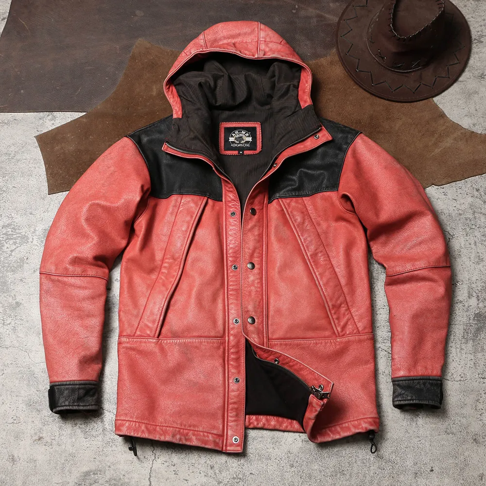 Vintage Distressed Mid-Length Hooded Leather Jacket, Black Red Color Block Loose Cowhide Outdoor Windproof Genuine Coat