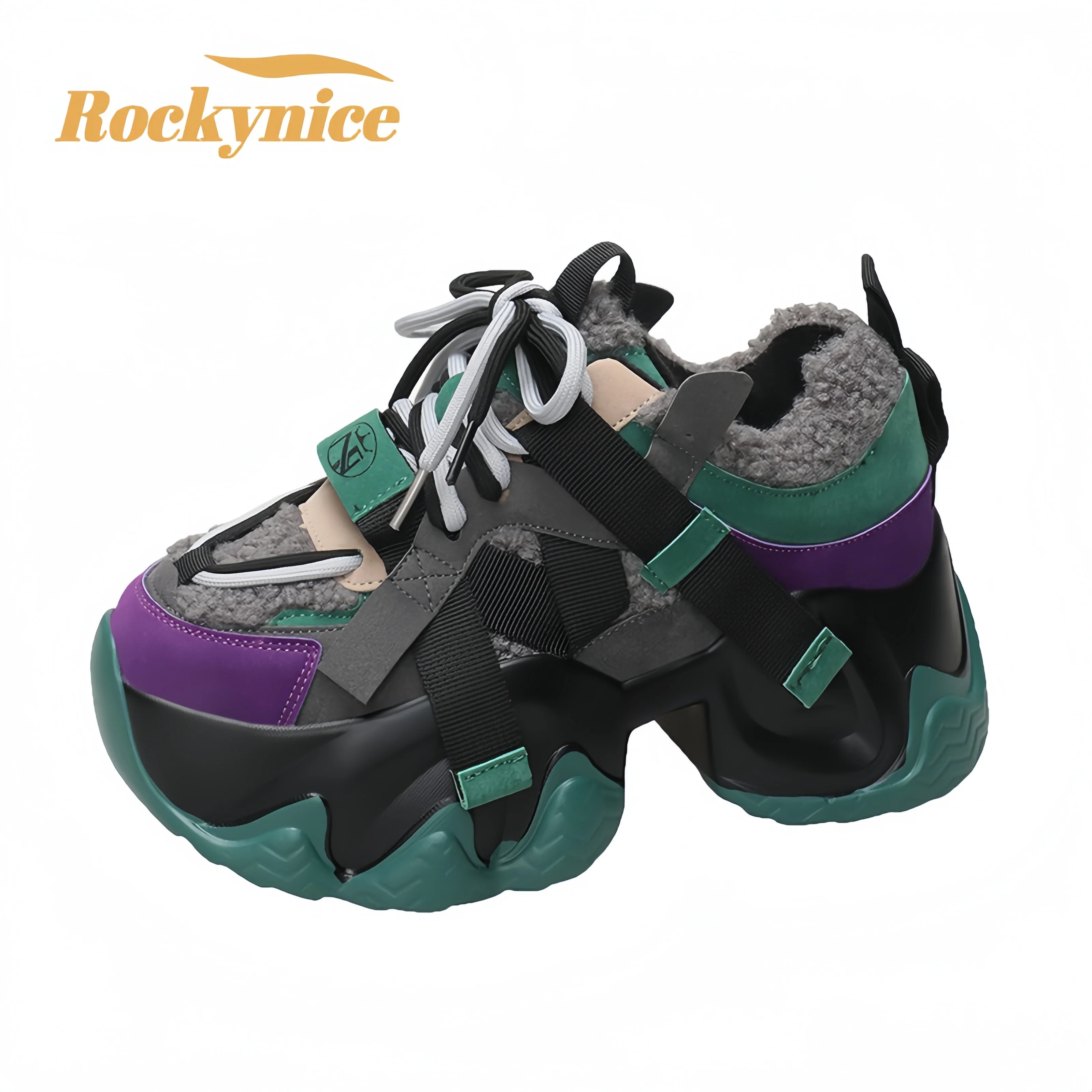 

7CM Winter Warm Fur Chunky Sneakers High Platform New Women Sports Dad Shoes Thick Bottom Outdoor Plush Leather Snow Shoes Woman