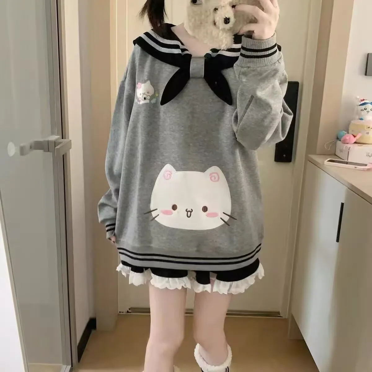 

Японский Sle милый темно-синий воротник с вышивкой Thiened, мягкий свитшот для девочек, осень-зима, школьный топ для колледжа