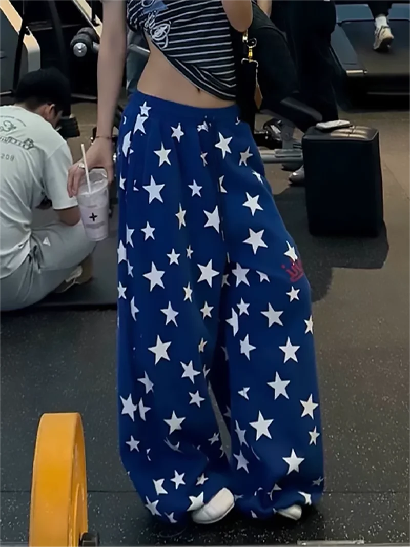 Star Printed Sweatpants for Women Autumn 2026 New Elastic Waist Wide Leg Trousers Letter Patchwork Loose Floor Length Pants