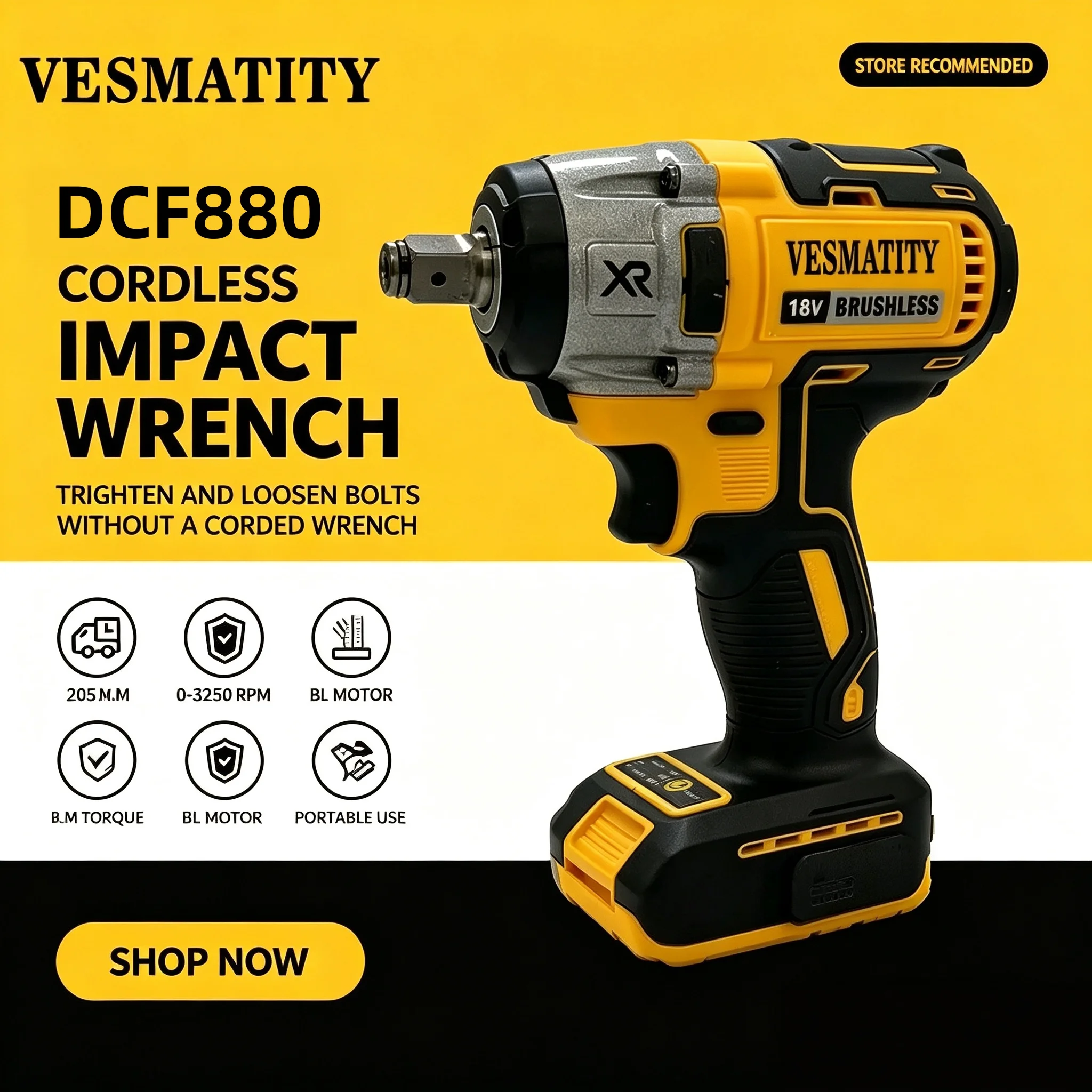 Vesmatity DCF880 Cordless Electric Wrench 205N.m Brushless Impact Wrench High Torque Power Repair Tool For Dewalt 18V Battery