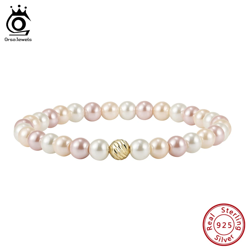 

ORSA JEWELS 6MM Natural Shell Round Beads Bracelet Set 925 Silver Adjustable Dainty Beaded Bangle Fashion Jewelry Gift PSB09