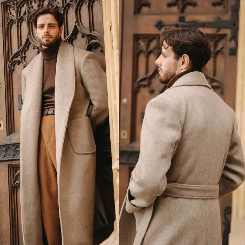 

Warm Thick Customized Long Men Overcoat With Belt Autumn Winter Casual Coat One Piece Business Outdoor Blazer