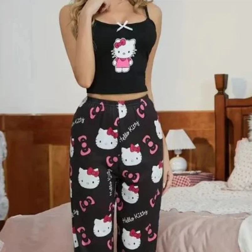 

European and American Women's Sleeveless Two-piece KT Printed Casual Sleepwear Set with Suspender Set