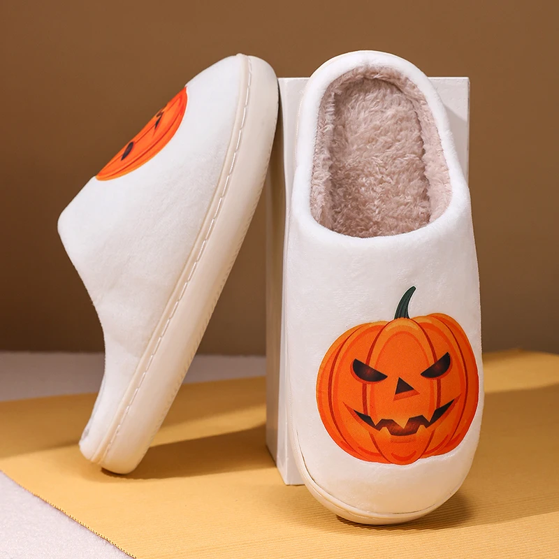 

Winter Spooky Pumpkin Slippers Women Men Halloween Slippers Warm Plush Slip-On House Shoes Funny Pumpkin Lantern Cotton Slippers