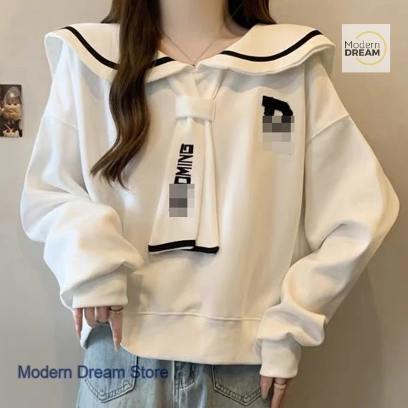 Sweter damski w stylu francuskim z efektem dwóch wiązanych wiązek na ramionach, nowy model na jesień i zimę, plus size, w stylu college, granatowy kołnierzyk, odmładzający płaszcz.