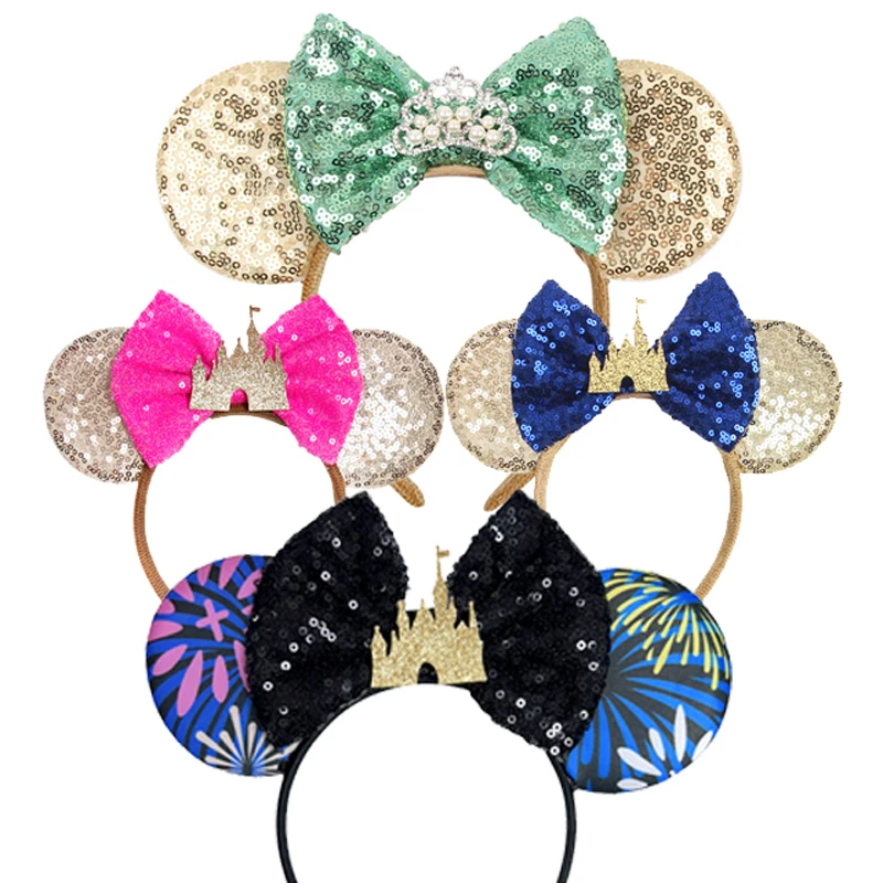 Nueva Diadema con Corona Brillante y Orejas de Ratón para Niñas, Accesorios para el Cabello con Lentejuelas, Diadema con Lazo para Fiestas de Princesas, Boutique Infantil