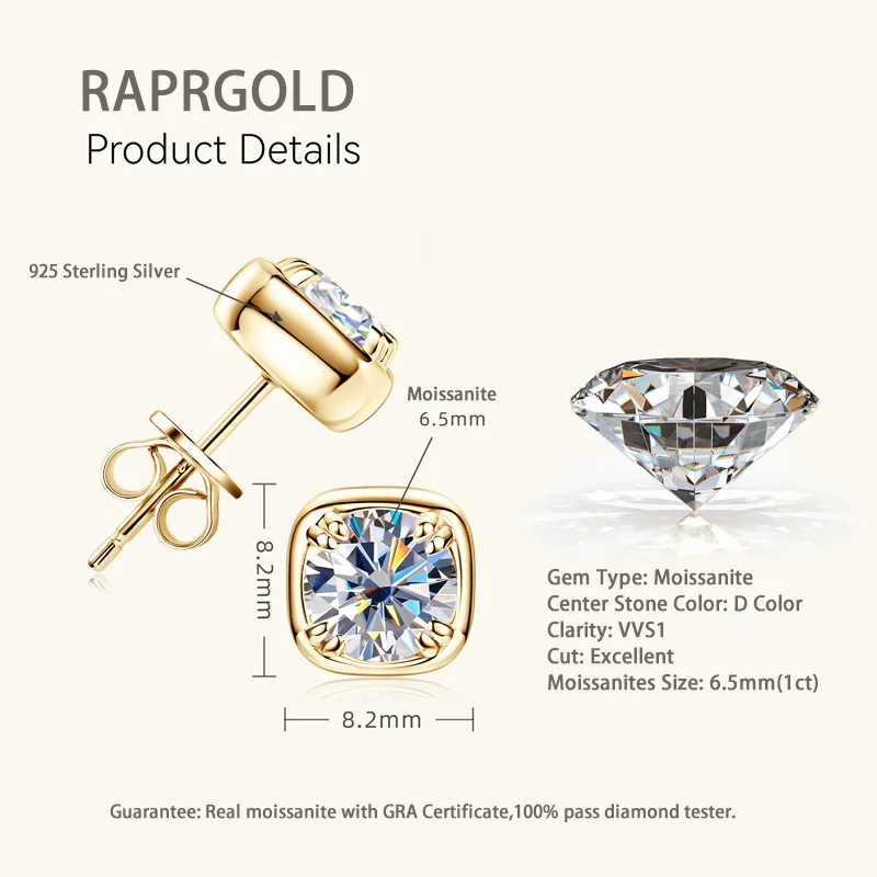 RAPRGOLD GRA معتمد 1CT مويسانيتي وأقراط للنساء 925 فضة ثقب القرط غرامة مجوهرات هدايا Pendientes #4