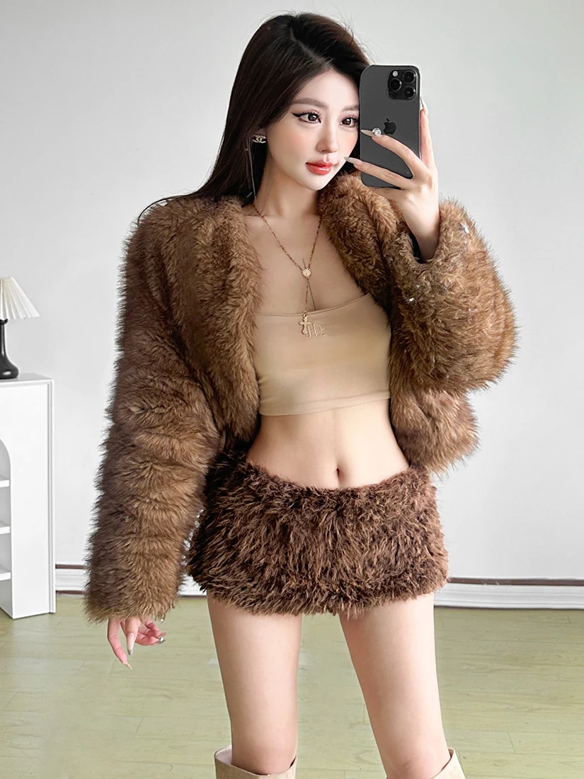 

Коричневая меховая юбка Weird Puss для женщин, утягивающая универсальная юбка ort, модная повседневная одежда из полиэстера с низкой талией