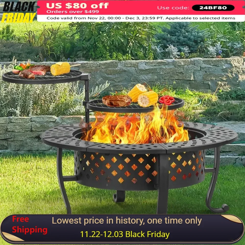 42 Inch Fire Pit Table with 2 BBQ Grills, Lid & Fires Poker, BBQ & Outdoor Firepit & Round Metal Tables 3 in 1, Fire Pit Table