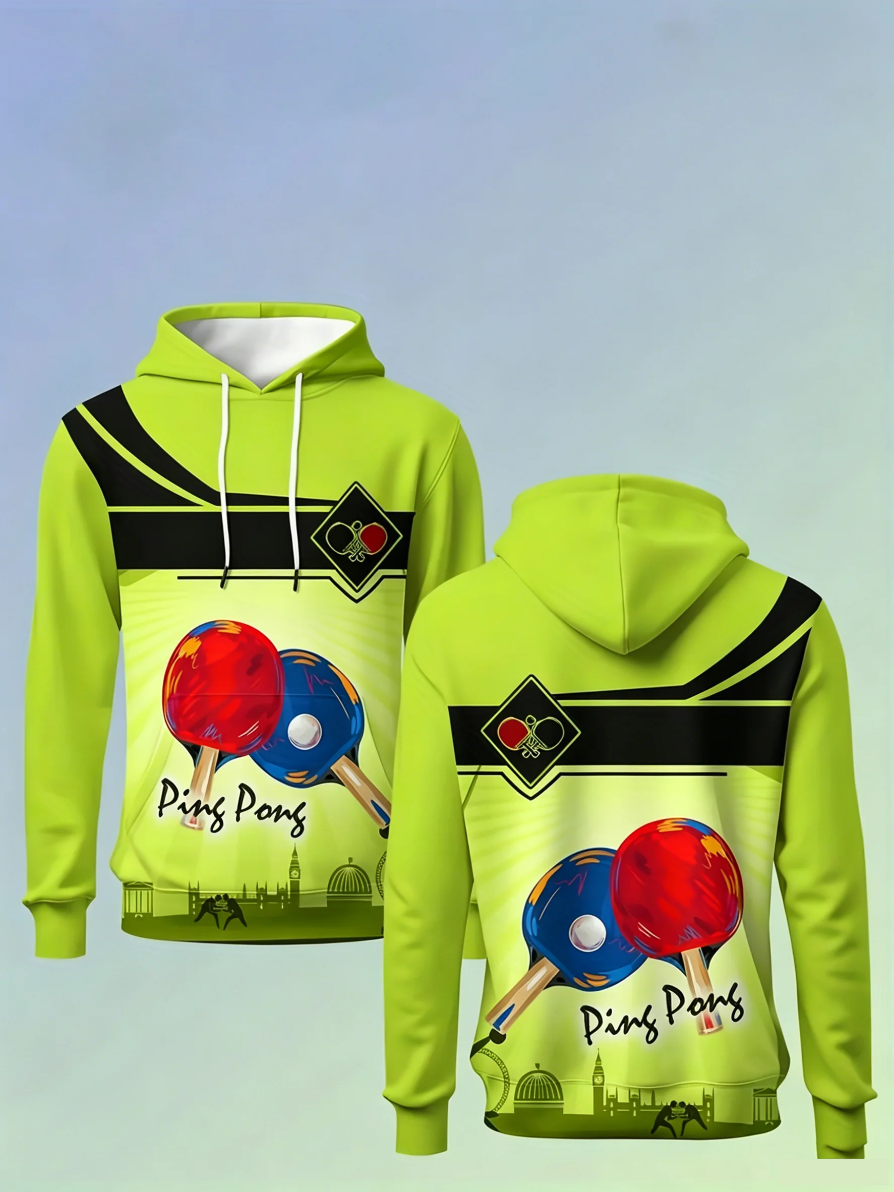 Men's 3D printed hoodie with table tennis themed pattern design, regular style, suitable for daily competition and training wear