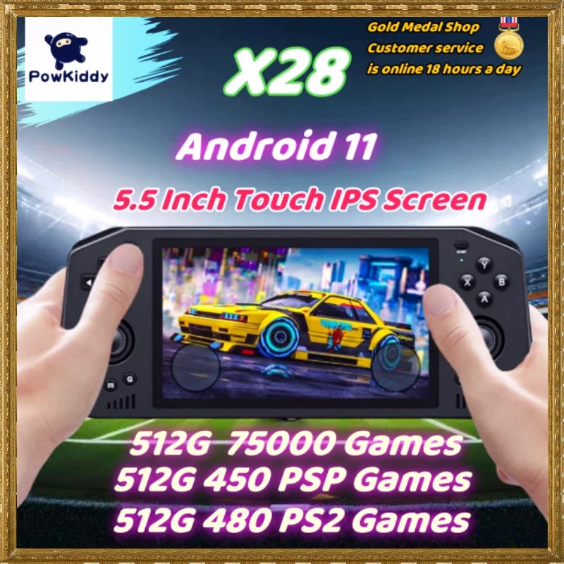 

Портативная игровая консоль Powkiddy X28 в стиле ретро, Android11, 5,5-дюймовый сенсорный экран, поддержка HD TV, выход 512G 75000, игровая PSP PS2