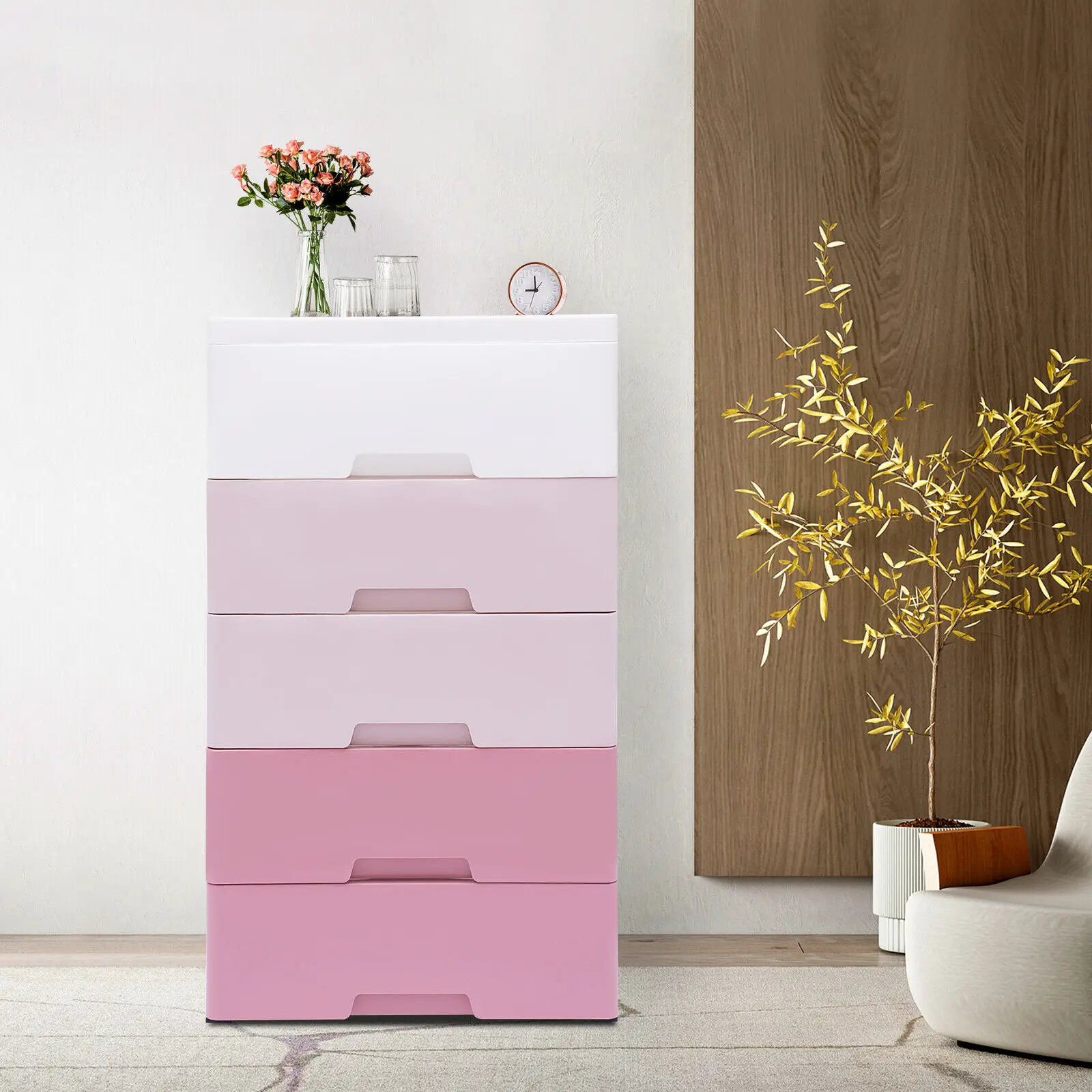 Cupboard 5-layer Storage Drawers Clothes Storage Tower Storage with 5 Drawers Pink Closet Organizer Shelf Bedroom Furniture