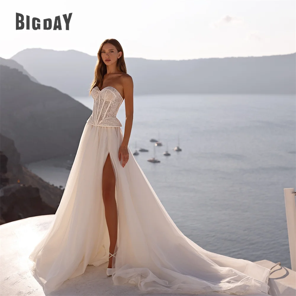

BIGDAY Lace A-Line Wedding Dress Pleat Tulle High Spilt Open Back Sweetheart Sleeveless Bridal Gown Vestidos De Noiva Customized