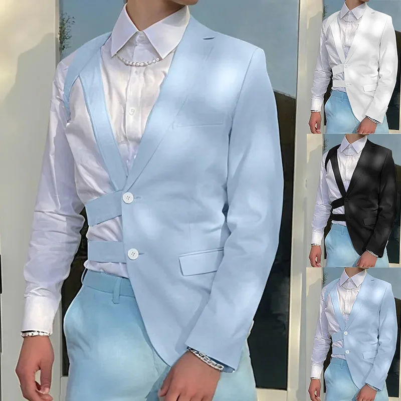 

Мужской пиджак с перекрестными лямками и вырезами, модный, приталенный, для подиума