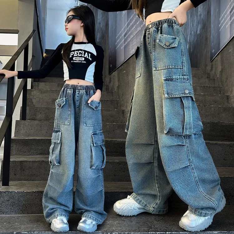 Mädchen Frühling Herbst Weitbein-Jeans 4-14 Jahre Kinder Teenager Elastische Hohe Taille Multi-Taschen Lose Lässige Streetwear-Hosen – Detail 17
