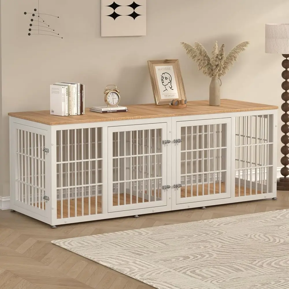 

Extra Large 78 Double Dog Heavy-Duty Cage, Divider Included, Wooden Decor Indoor Kennel for Large & Medium Dogs, White