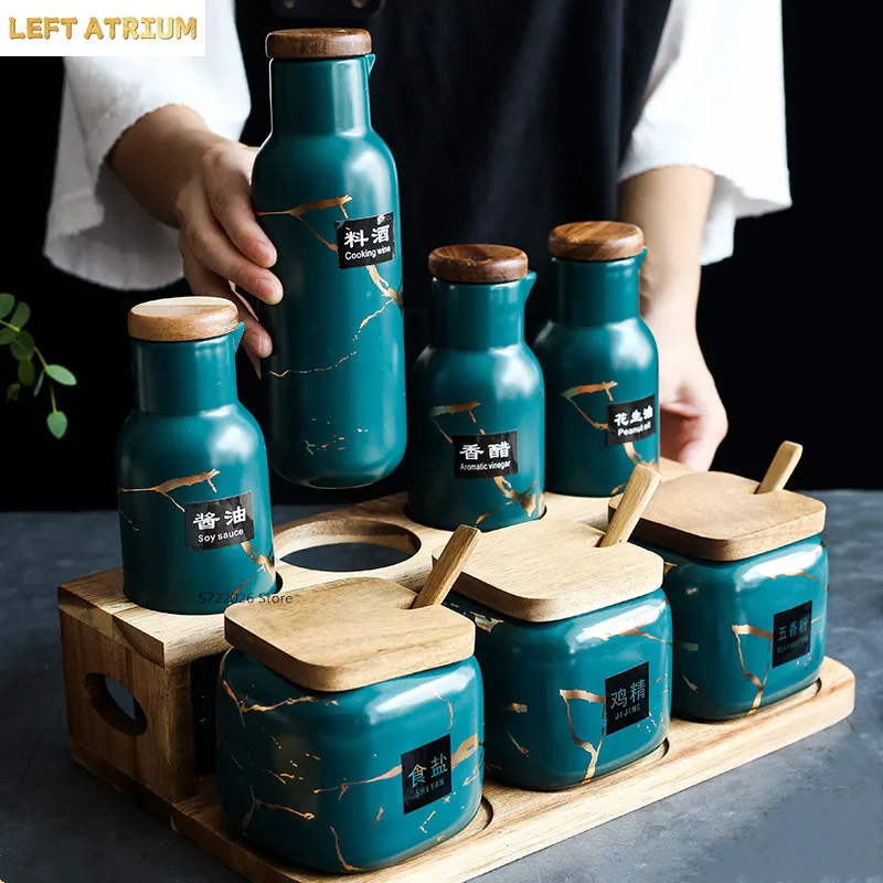 Frosted Marble Seasoning Box Nordic Light Luxury Seasoning Bottle Ceramic Seasoning Jar Oil Bottle Salt Shaker Kitchen Supplies