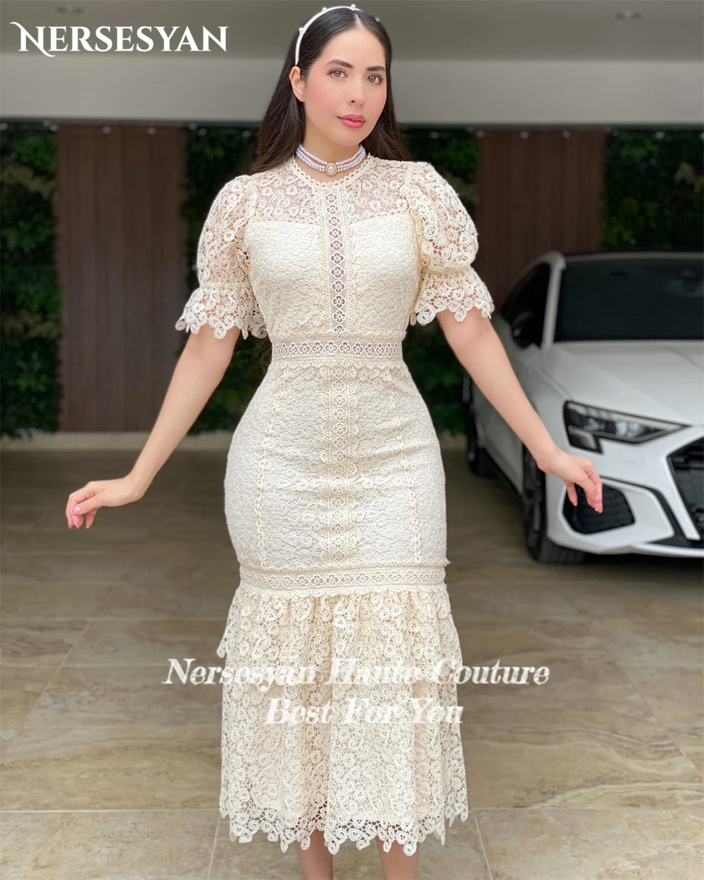 Nersesyan Bohemia Lace Wedding Dresses Short Puff Sleeves Bodycon O-Neck Bridal Gowns Tiered Ruffles Tea Length Bride Dress 2024