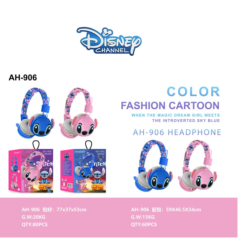 New Stitch Bluetooth Headphones AH-906 Disney Wireless Earbuds HIFI Sound Foldable Headsets with Mic Anime Cartoon Kids Gifts