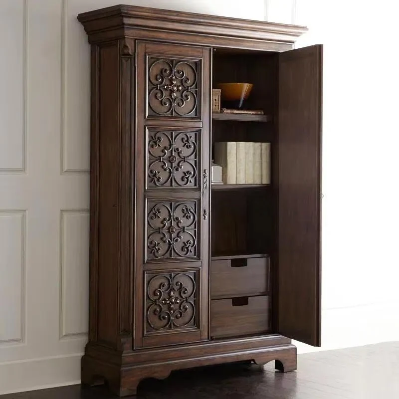 Antique Dark Walnut 2 Door Hand Carved Solid Wood Wardrobe Spanish Colonial Style Bedroom Storage Cabinet