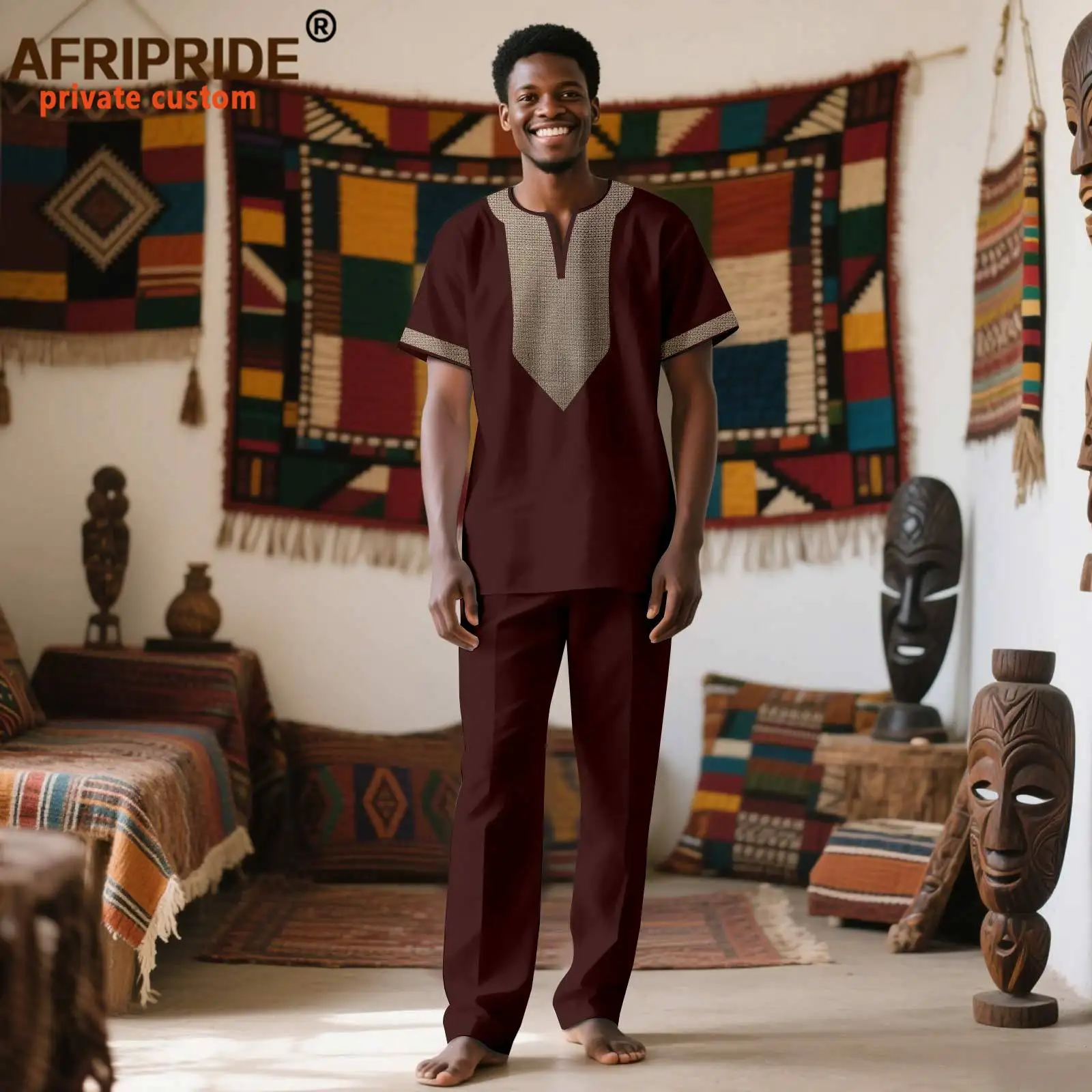 African Suits for Men Short Sleeve Embroidery Print Shirts and Pants 2 Piece Set Dashiki Outfits for Wedding Evening 2516062