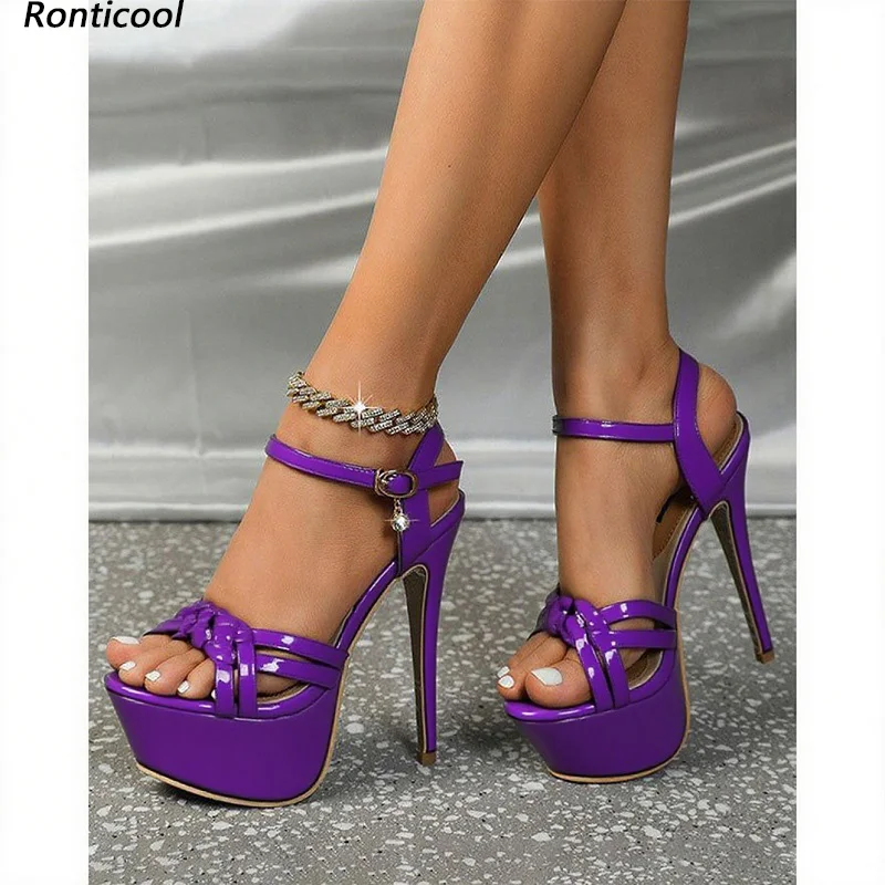 

Ronticool New Arrival Women Summer Sandals Thin High Heel Round Toe Pretty Purple Party Shoes Ladies US Plus Size 5-20