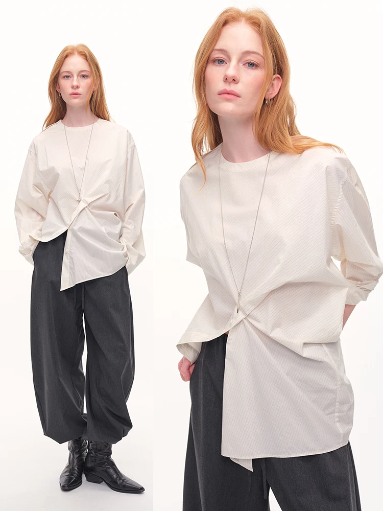 

UMILAB Original Asymmetrical Time-Space Alien Stereo Cut 100% Pure Combed Cotton Pleated round Neck Striped Shirt Women