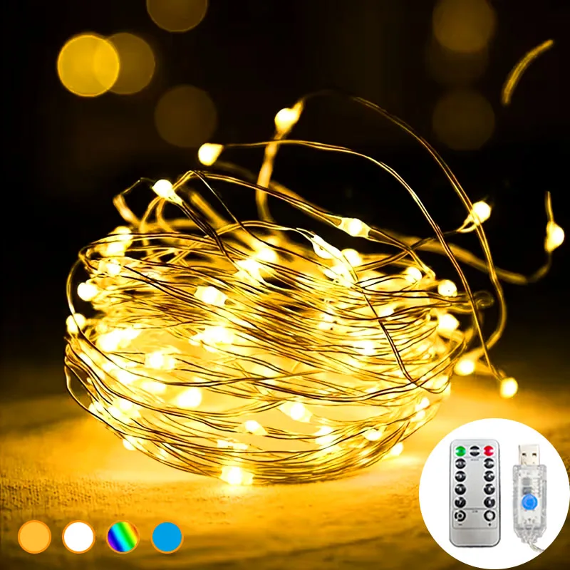 LED Remote-Control Fairy Lights, LED Christmas Copper Wire Lights, USB Powered, 8 Modes, Party and Christmas Decoration