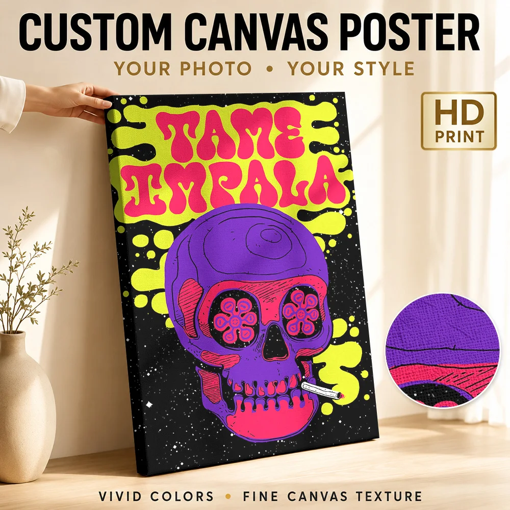 Tame Impala Purple Skull Framed Canvas Print Personalized Photo Geometric Color Blocking Wall Art For Music Studio Reception