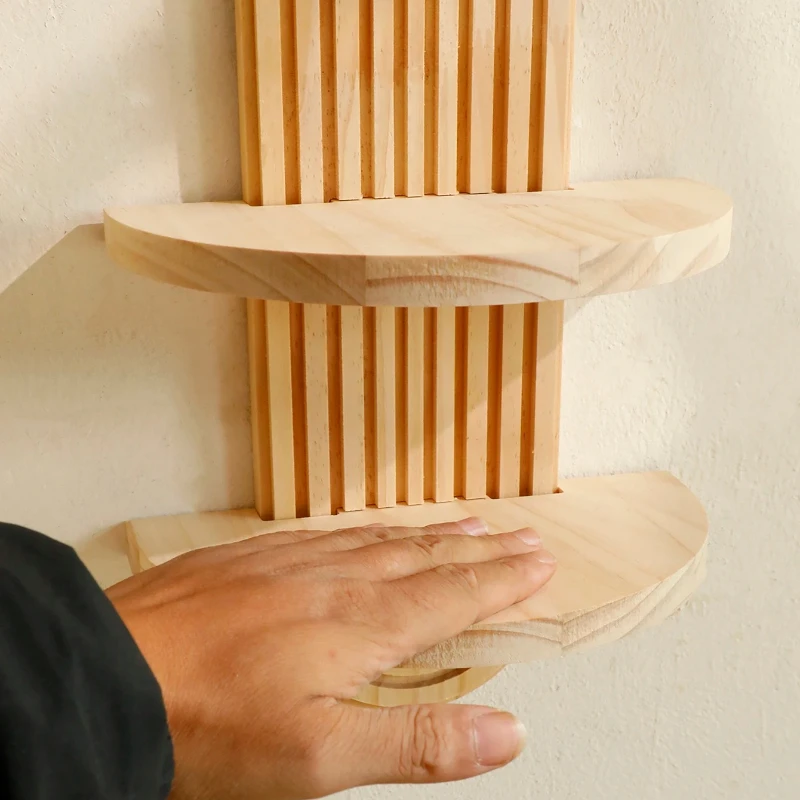 أرفف حائط خشبية على طراز بوهو من طبقتين - أرفف مثبتة على الحائط هندسية، لمسة نهائية من الخشب الطبيعي، ديكور منزلي حديث، ديكور نباتي